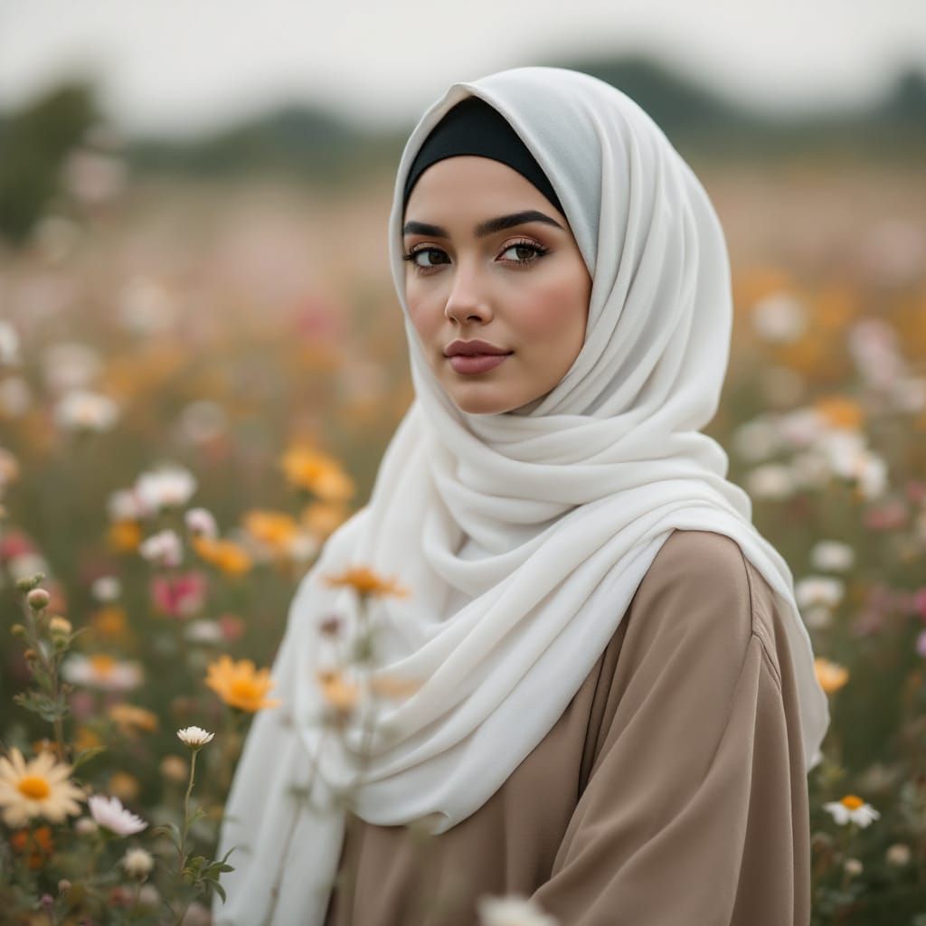 Beautiful Hijabi Woman in Flower Field
