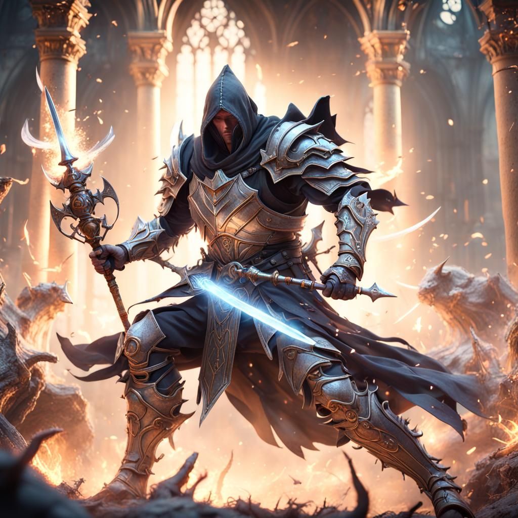 Fantasy Sorcerer Knight Fighting Monsters: 3D Game Art