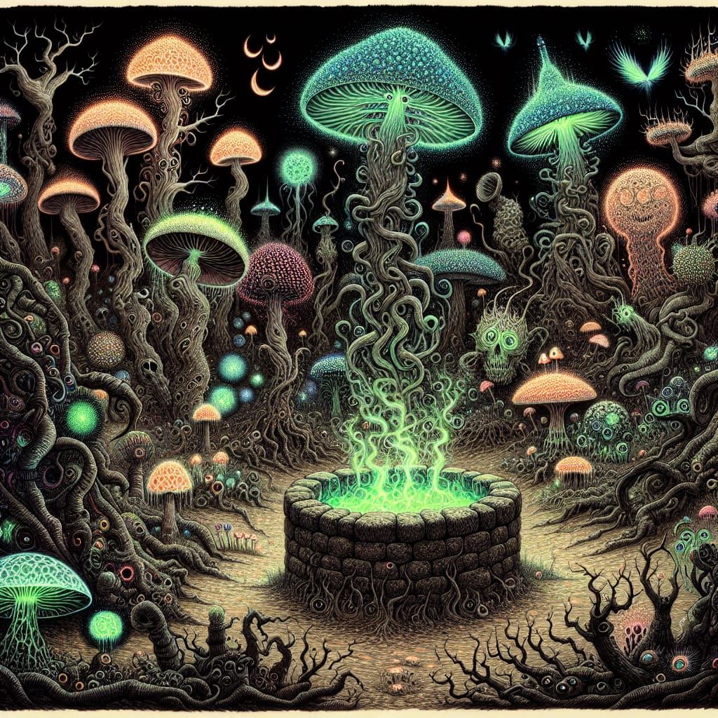 Bioluminescent Mushroom Garden in Dark Fantasy Style