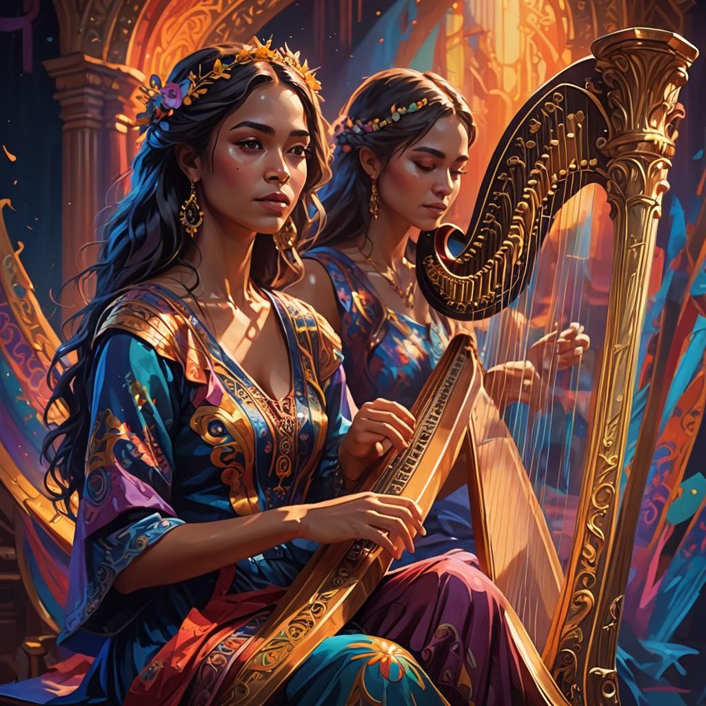 Eloquent Harpist in Colorful Hyperrealistic Portrait