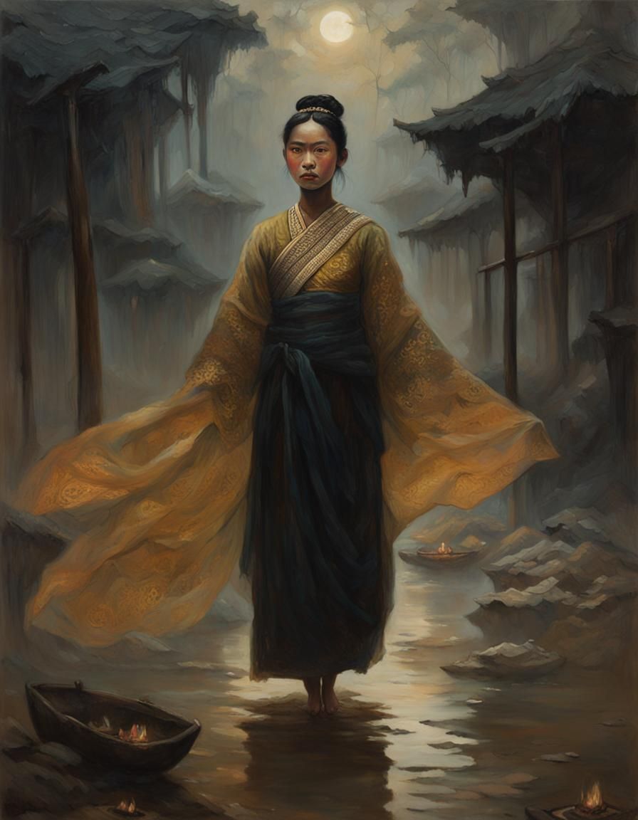 Ethereal Thai Ghost in Golden Light: Oil Painting