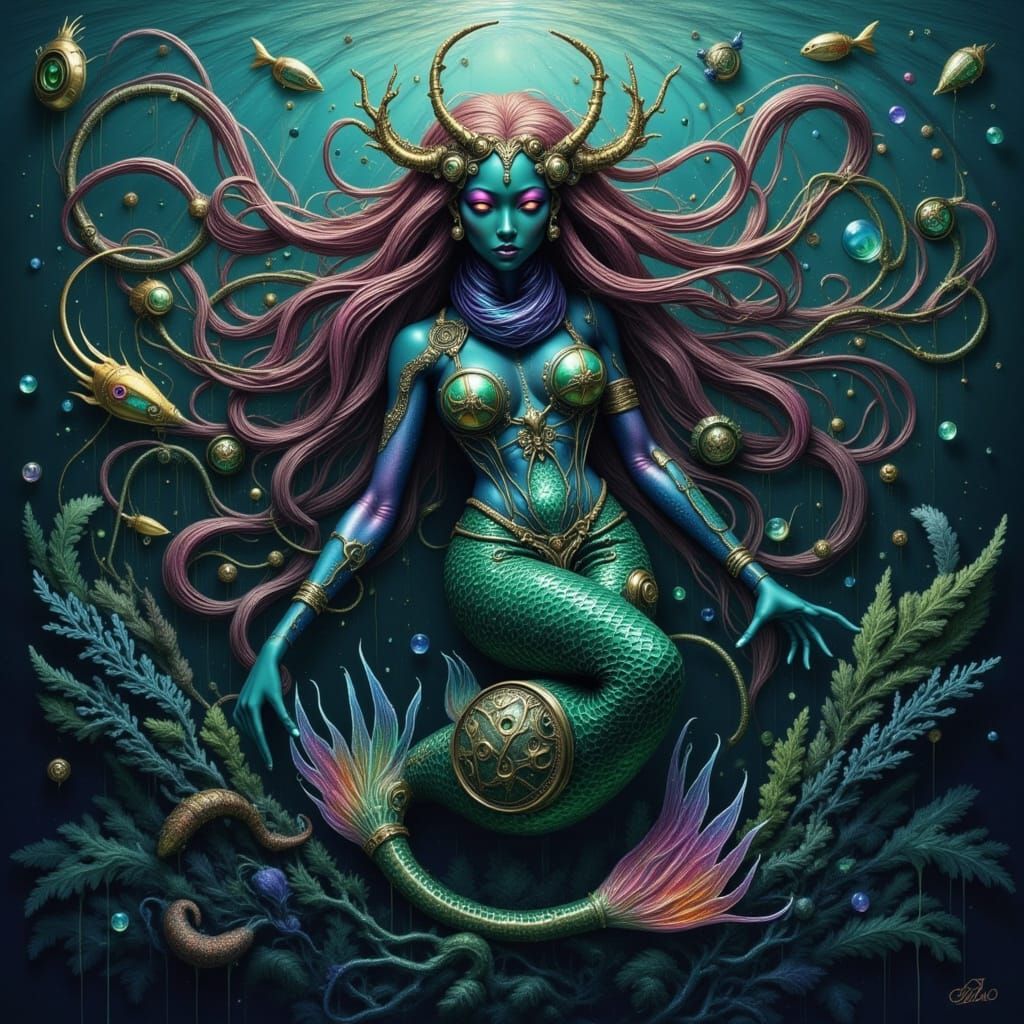 Alien Mermaid with Kelp Hair in Steampunk Style
