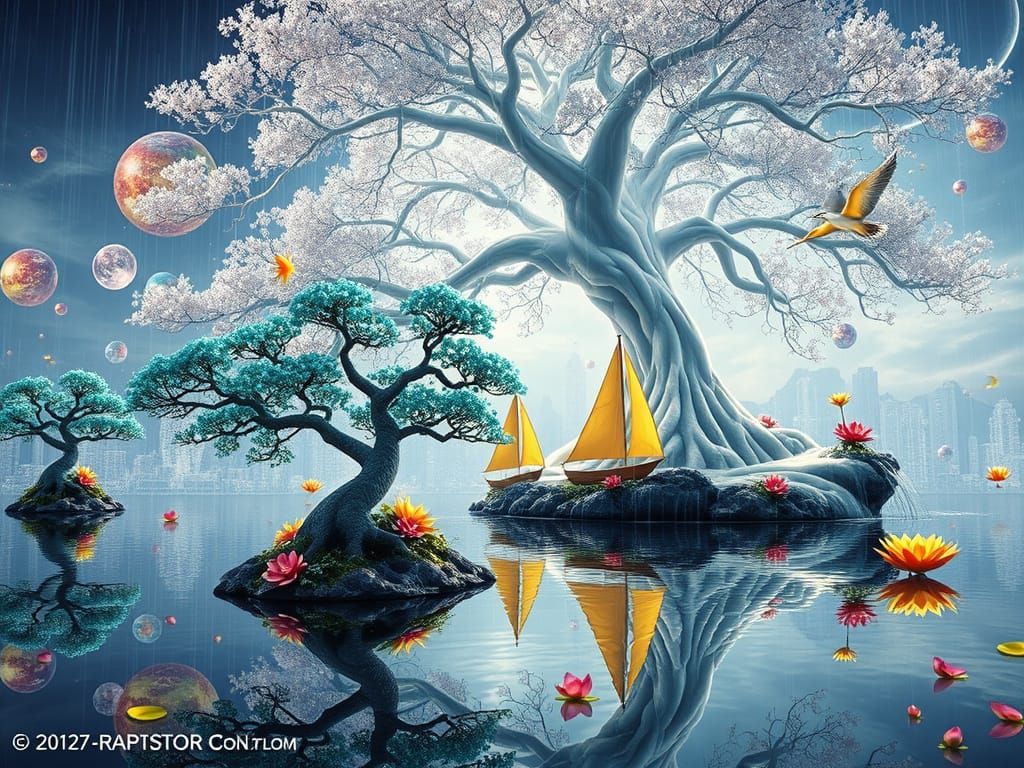 Dreamlike Bonsai Landscape with Holographic Spheres