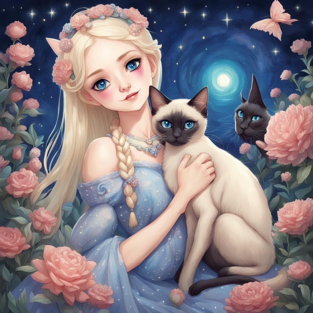 Princess and Siamese Cat in Starry Garden