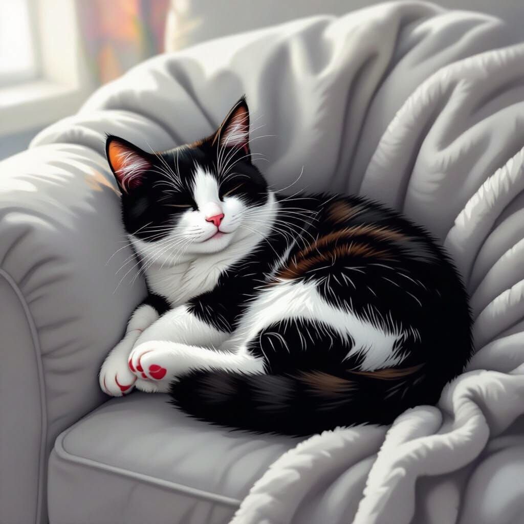 Black and White Cat on Grey Couch, Hyperrealistic Style