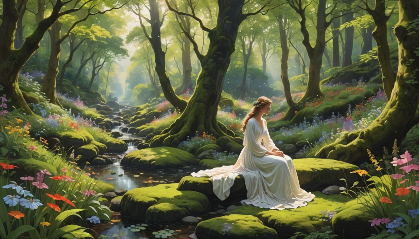 Secluded Woodland Paradise with Figure in White Gown