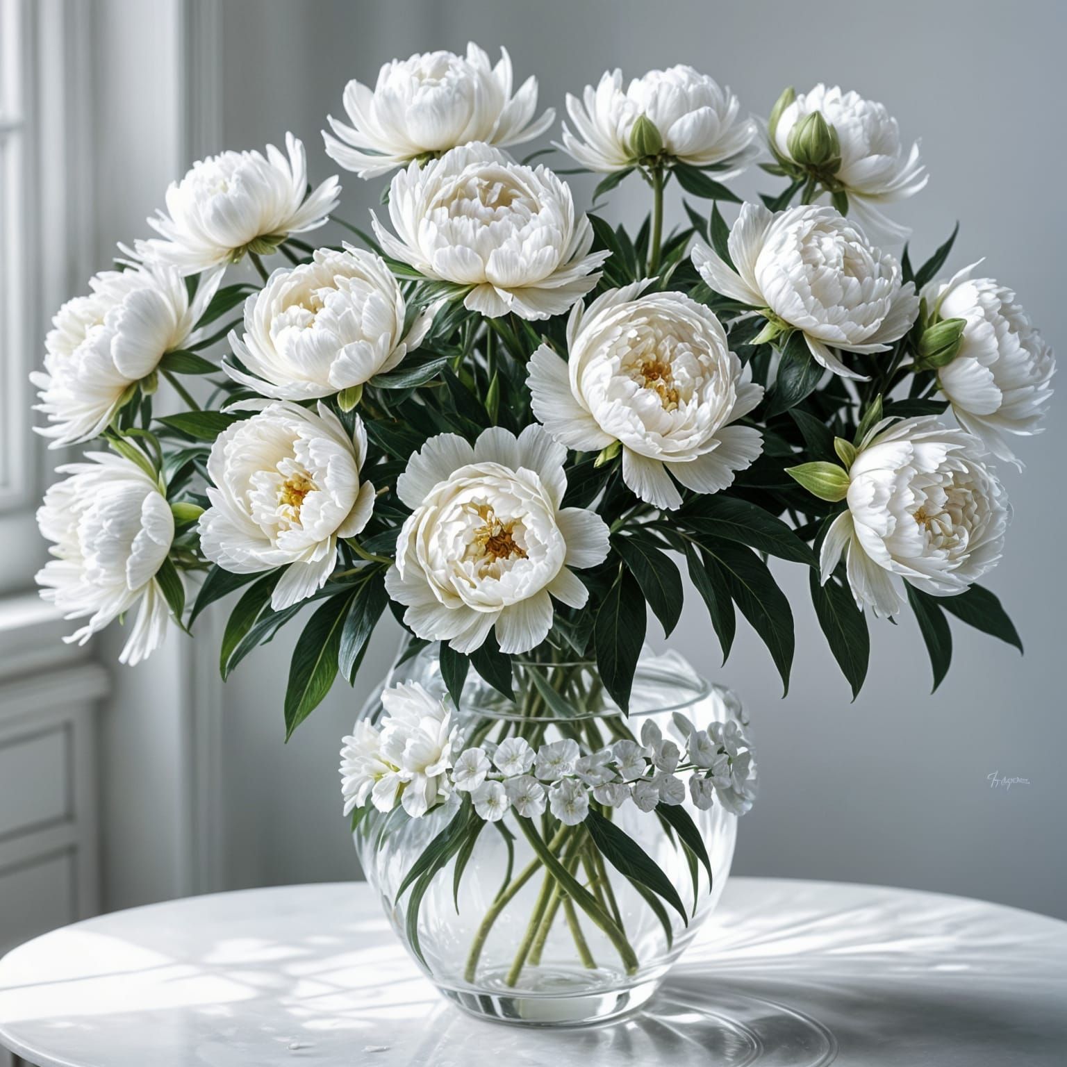 Ornate White Vase with Bright White Peonies