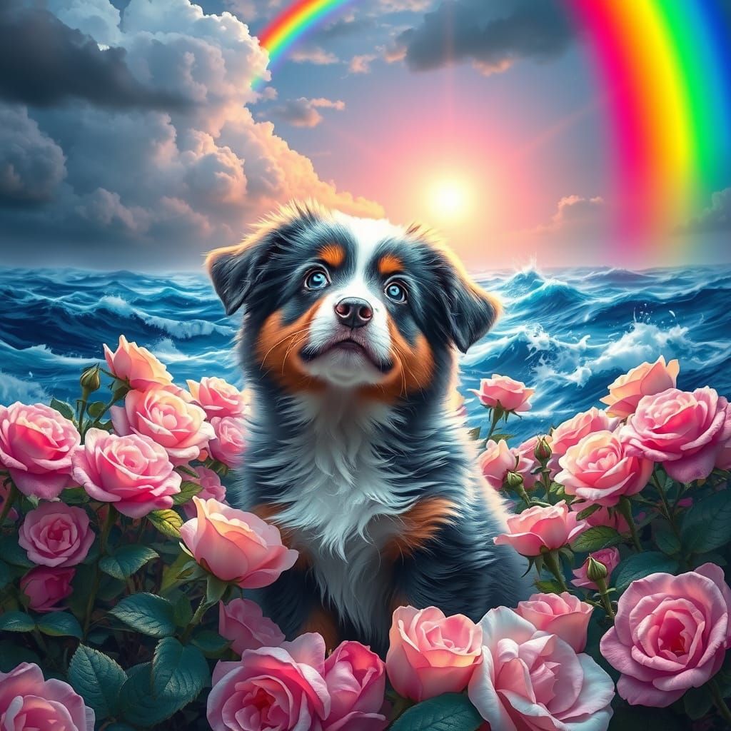Whimsical Rainbow Puppy in a Dreamlike Rose Garden