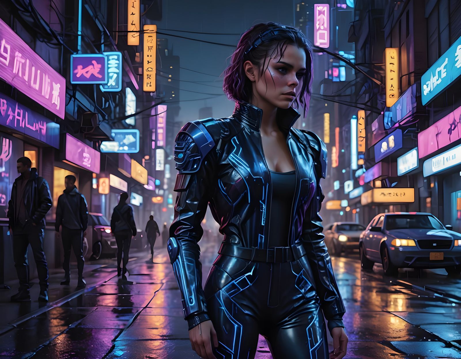 Cyberpunk Cityscape at Night with Tattooed Woman