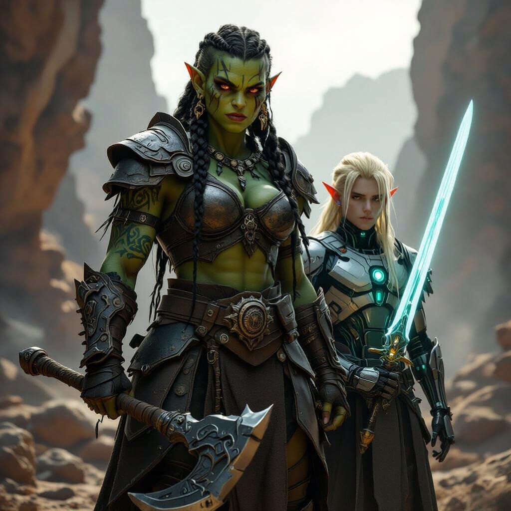 Orc Warrior and Elf Cyborg in Misty Canyon
