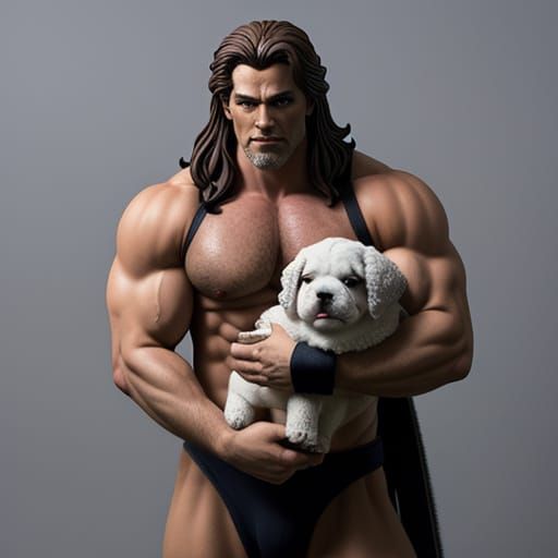 A living scantily clad beefcake action figure holding a fluf...