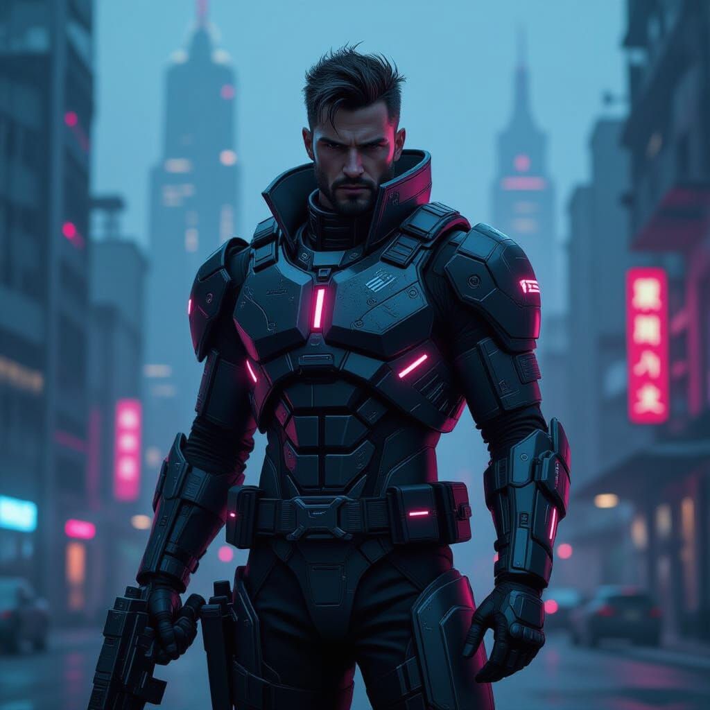 Cyberpunk Hero in Neon Cityscape