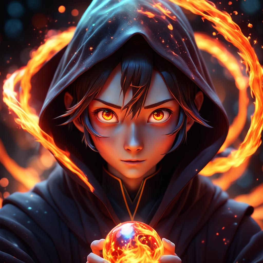 Anime Figure Summons Fireballs in 3D Digital Art