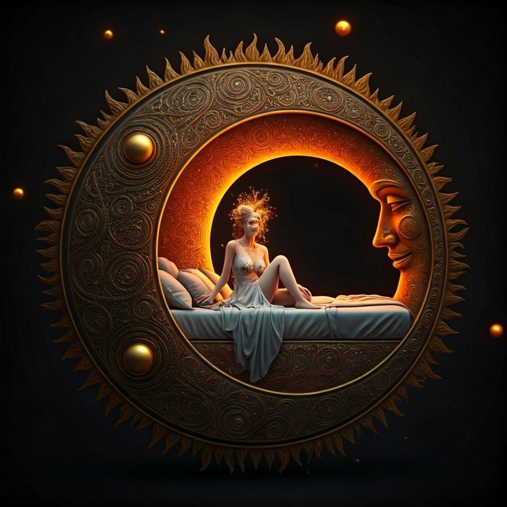 Woman in Surreal Sun and Moon Bed