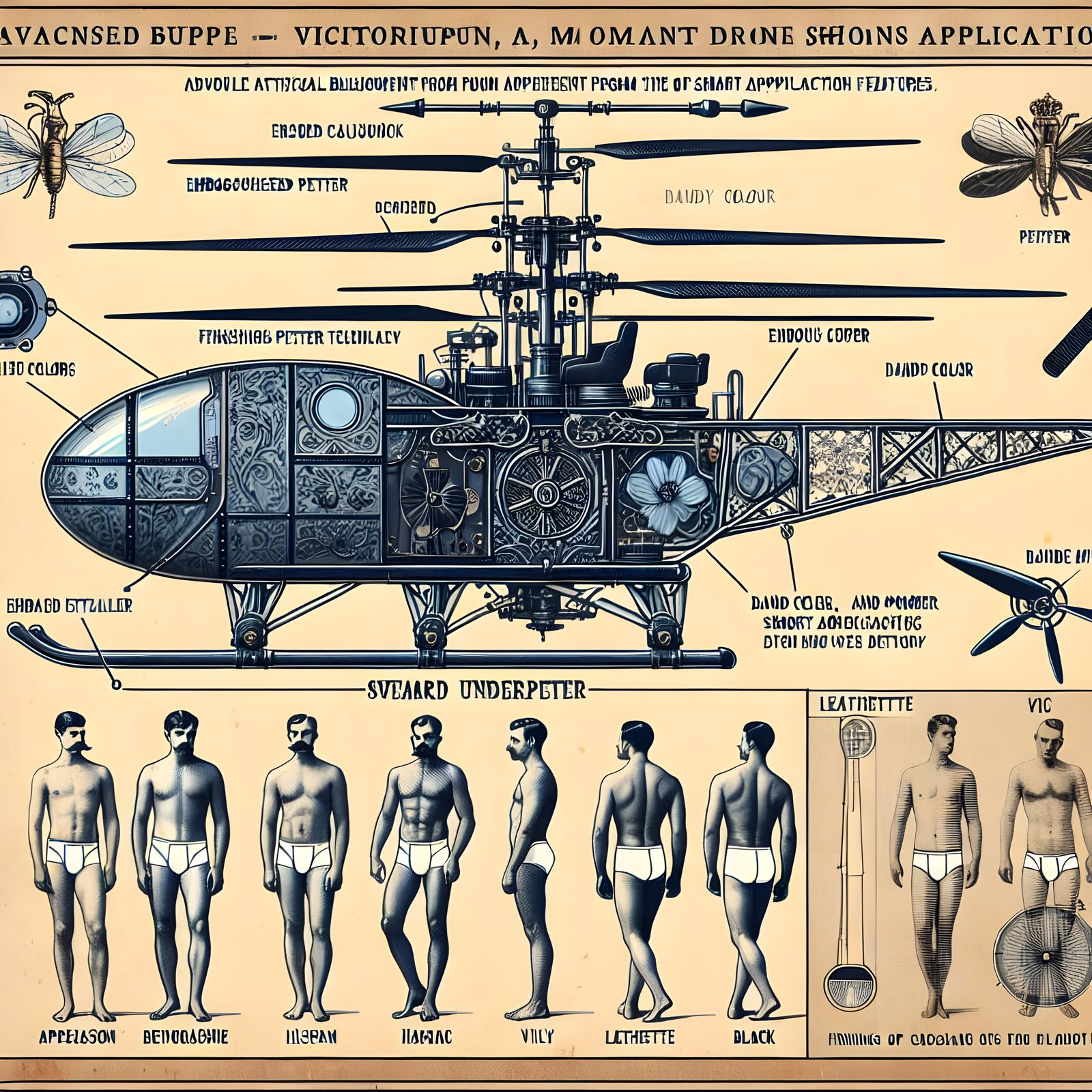 Steampunk Bauhaus Helicopter Blueprint with Dandy Accents
