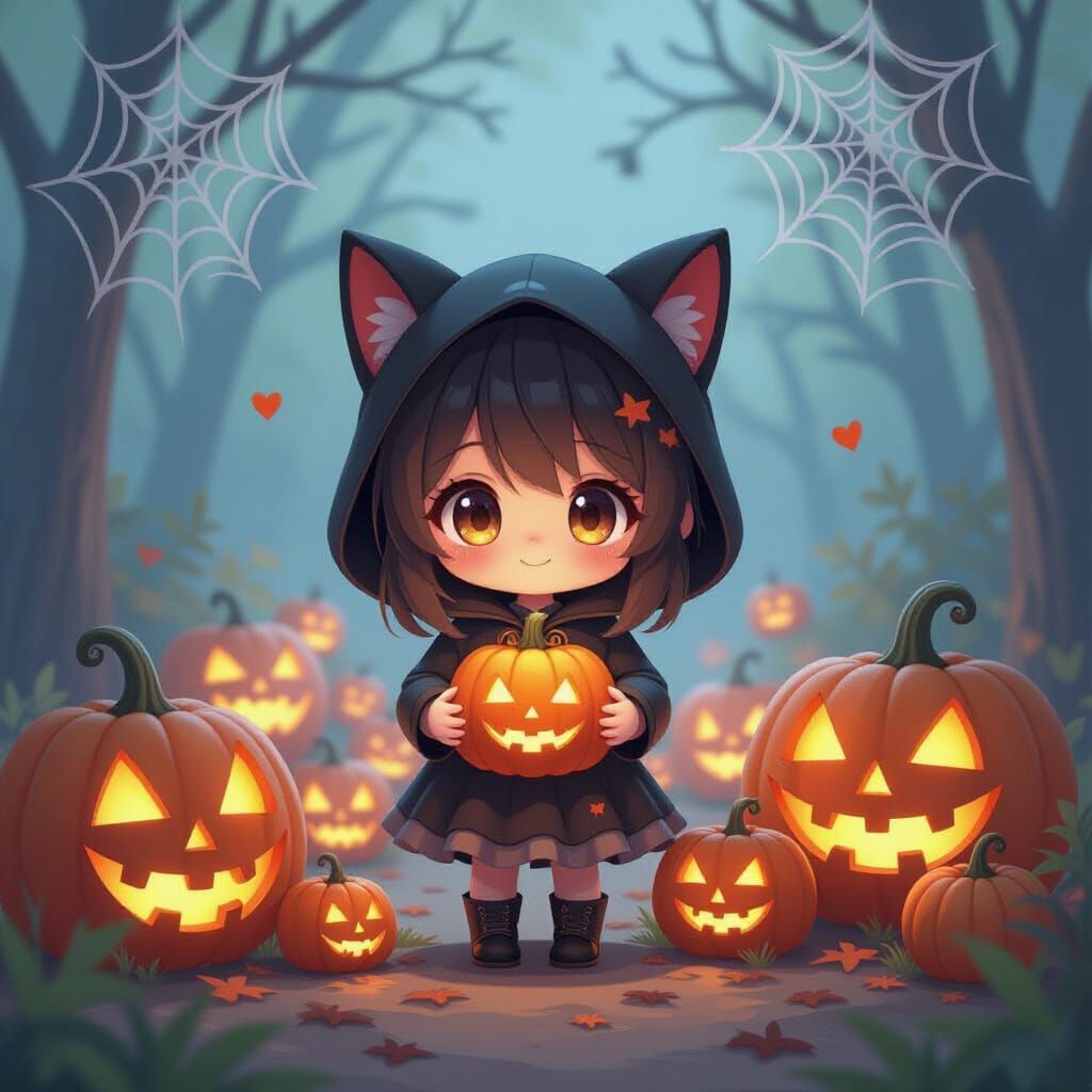 Cute Anime Halloween Character Among Heart-Eyed Pumpkins