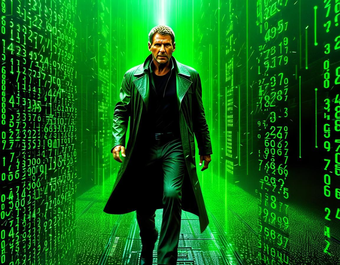 Rick Deckard Runs Through Matrix City in Cyberpunk Style