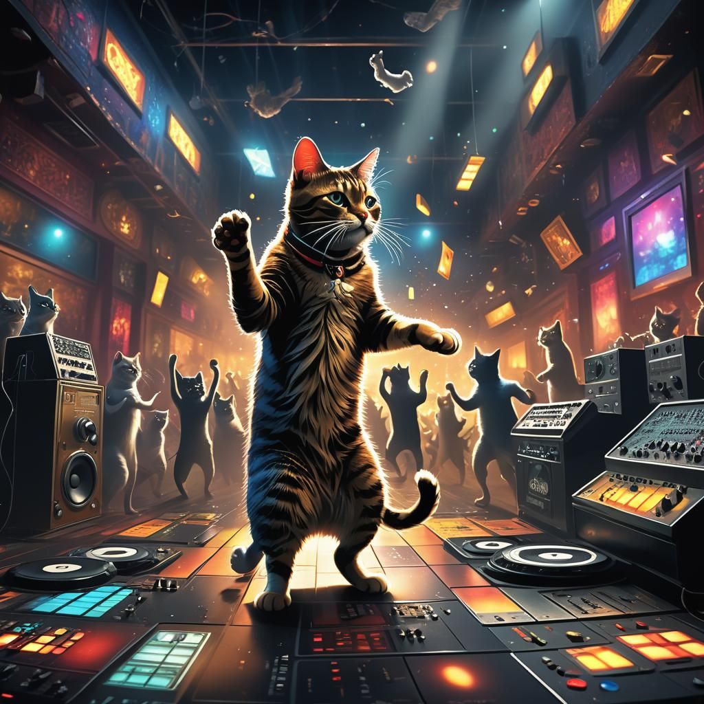 Cat DJ Mixing Music in Nightclub