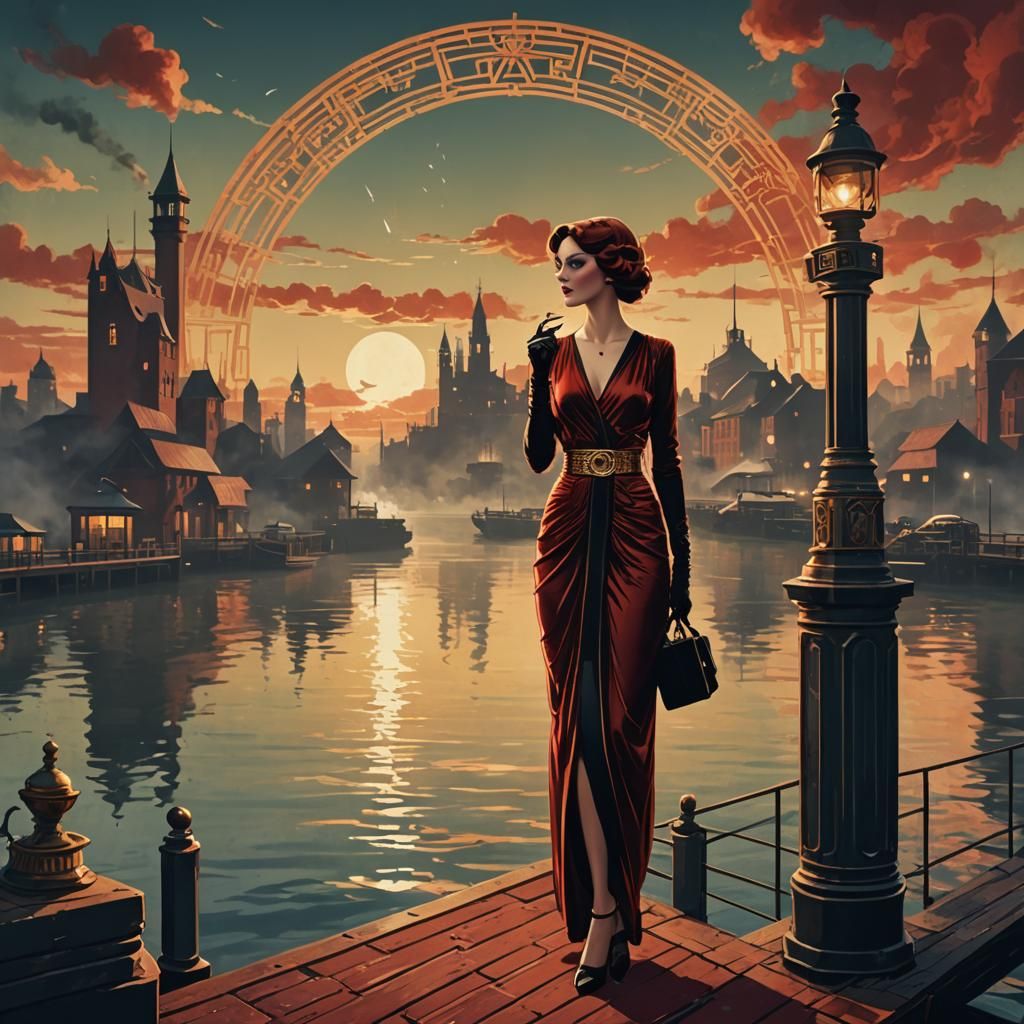Vintage Art Deco Poster of Woman on Pier