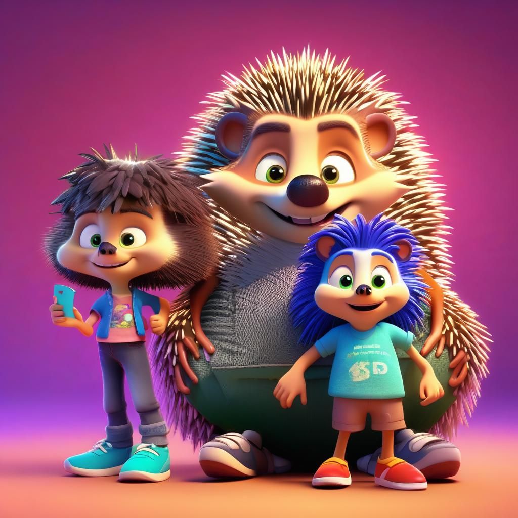 Hedgehog Family Portrait in 3D Digital Art Style