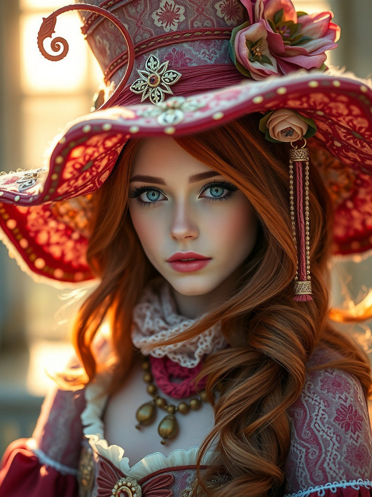 Dreamlike Redhead with Green Eyes and Ornate Hat