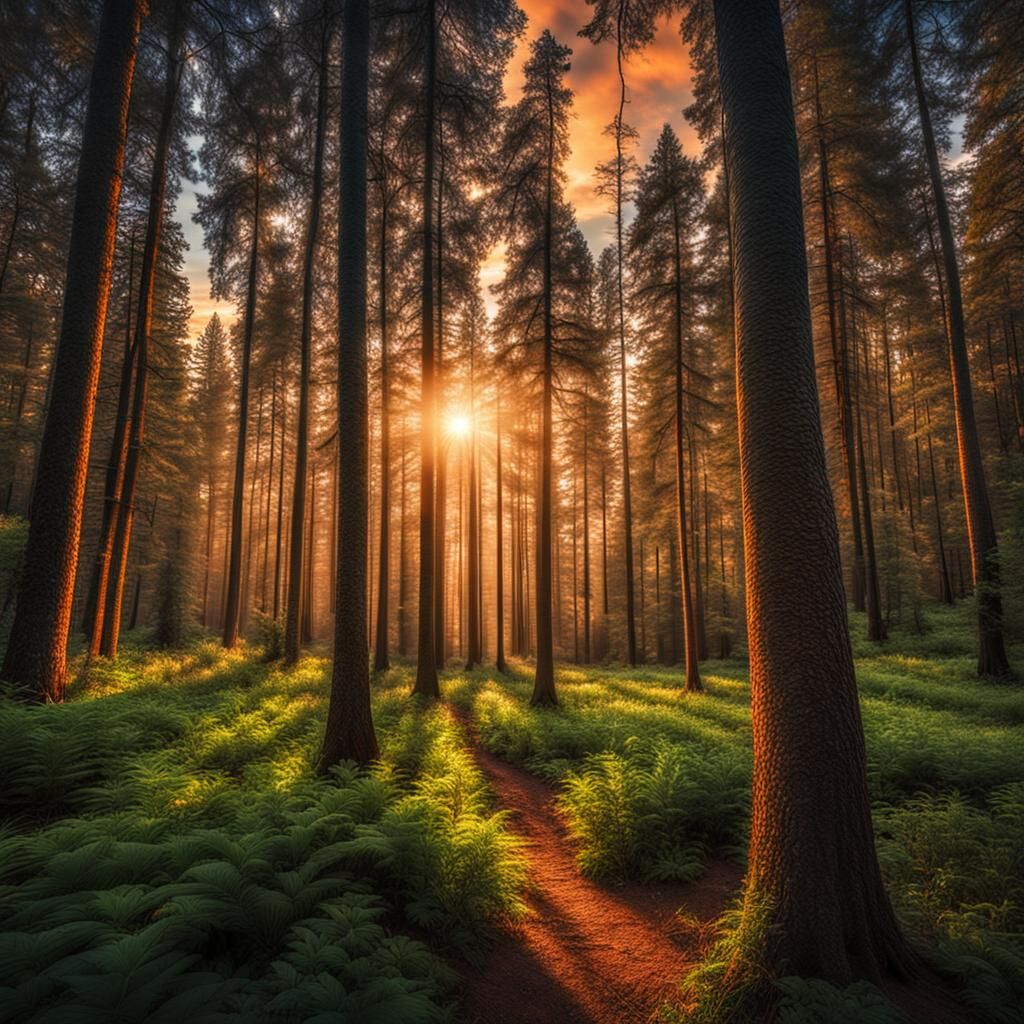 Hyperrealistic Whispering Forest at Summer Sunset