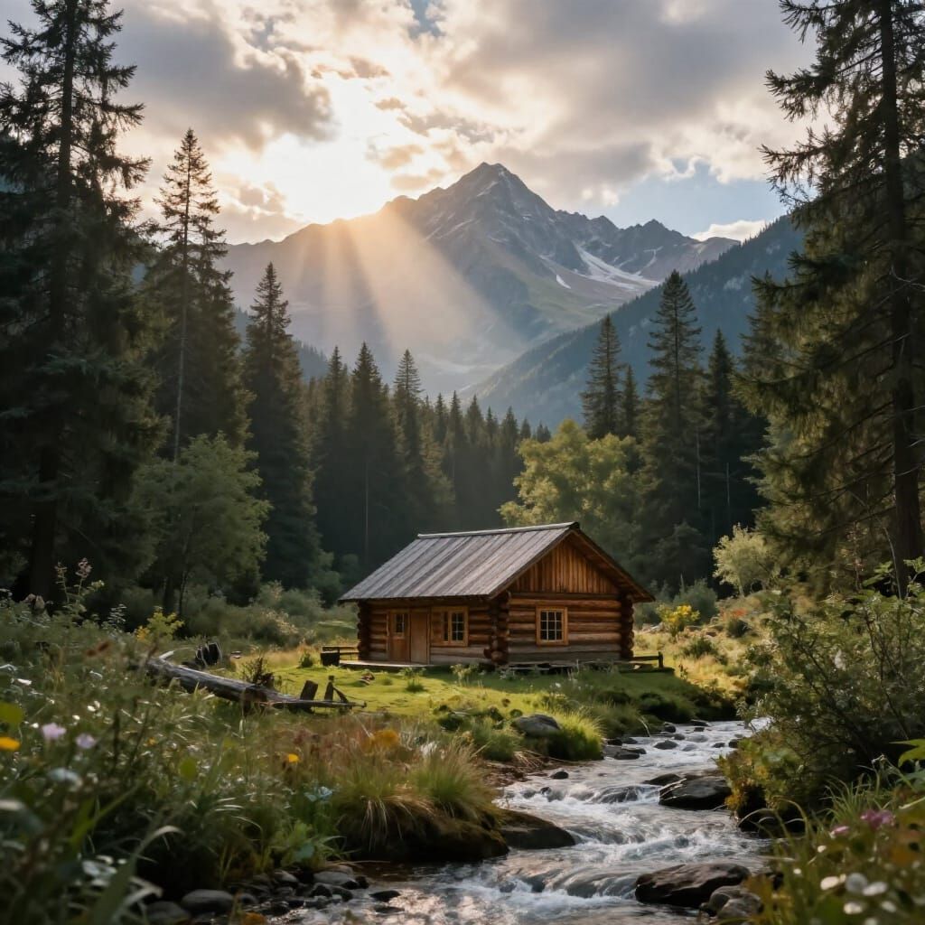 Ethereal Mountain Cabin with Stream and God Rays