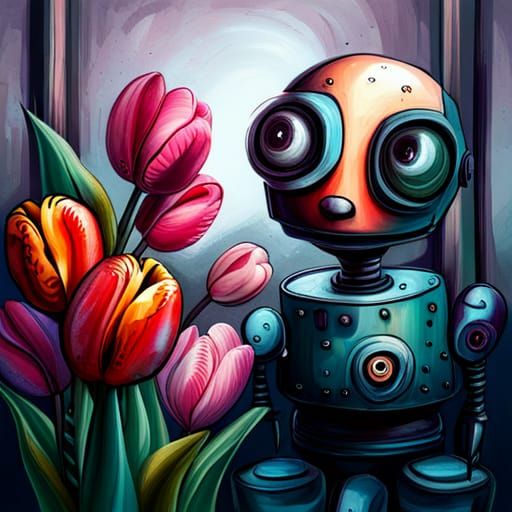 Sad Robot Offers Tulips in Graffiti Art