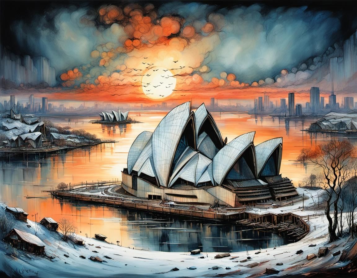 Post-Apocalyptic Sydney Opera House at Sunset in a Haunting....