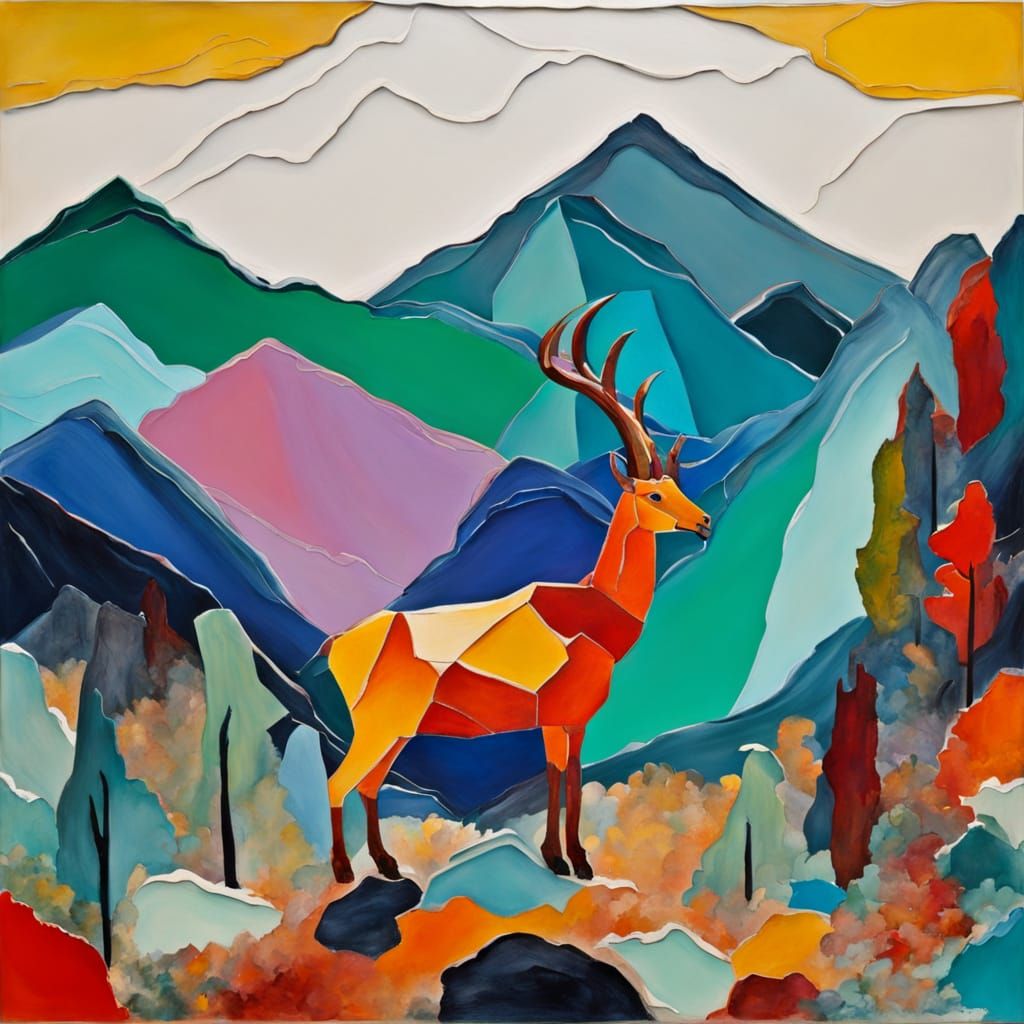 Seaglass Ibex Statue in Vibrant Maximalist Impasto Mountains...