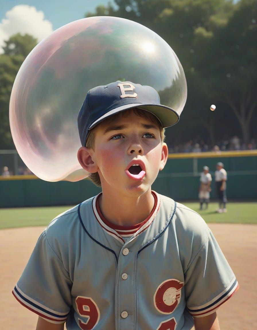 Retro Little League Boy Blows Giant Bubble