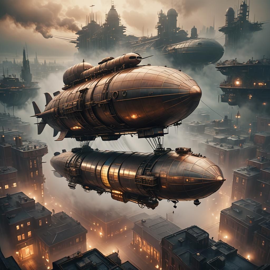 Dieselpunk Airship Over Industrial Cityscape in Sci-Fi Style