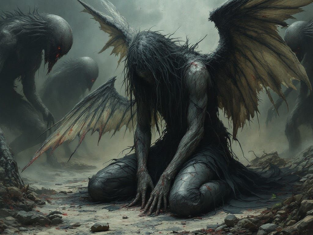 Fallen Angel Surrounded by Demons in Mystical Style