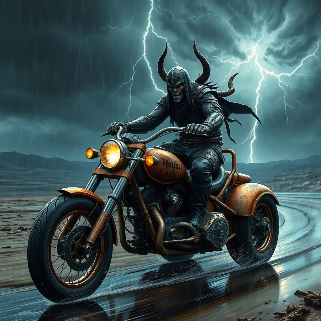 Warlock on a Post-Apocalyptic Trike in a Stormy Night