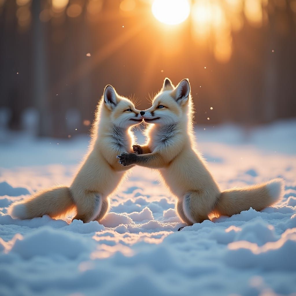 Arctic Foxes Play in Snowy Sunlight