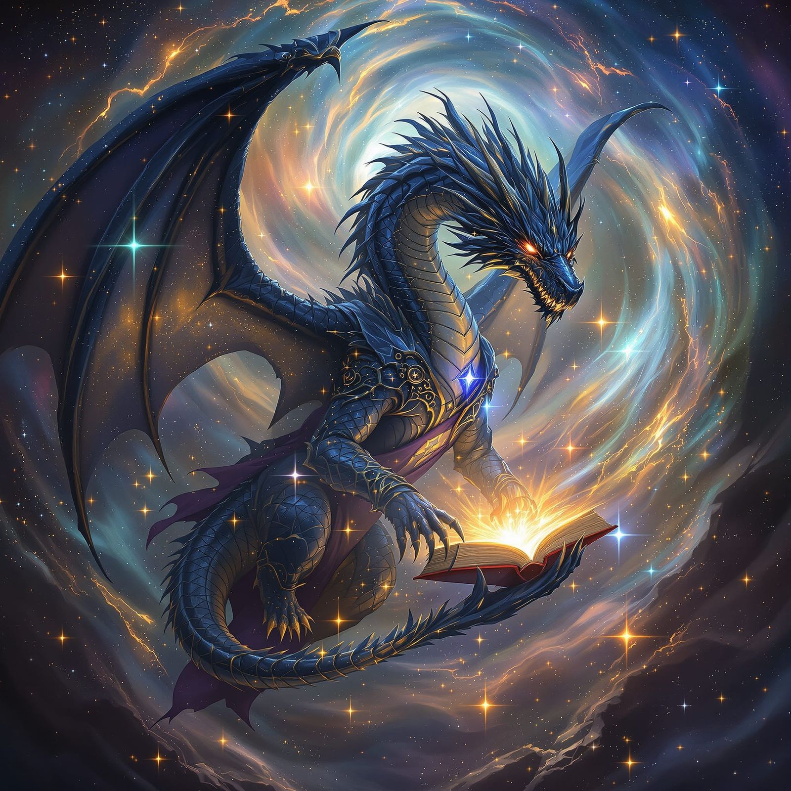 A majestic, obsidian-scaled dragon guards a celestial librar...