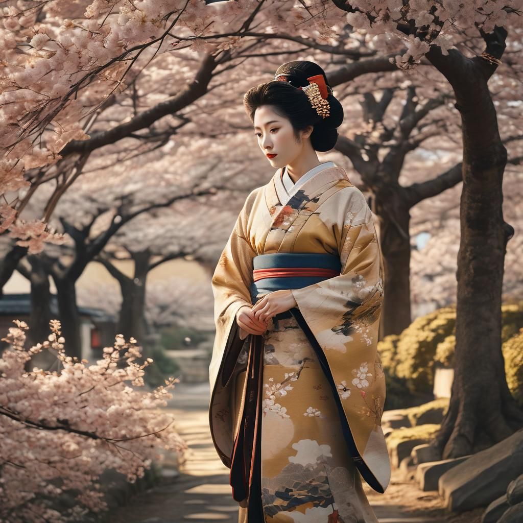 Ukiyo-e Geisha Under Cherry Tree in Golden Light