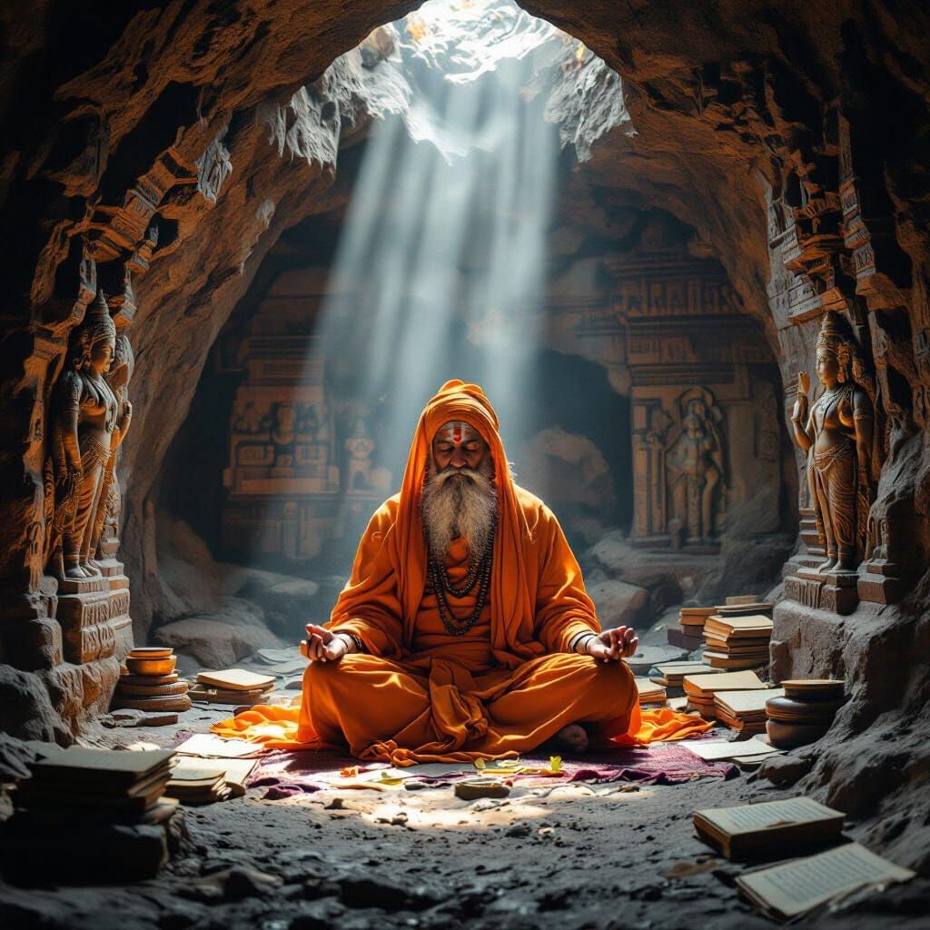 Indian Sadhu Meditates in Himalayan Cave