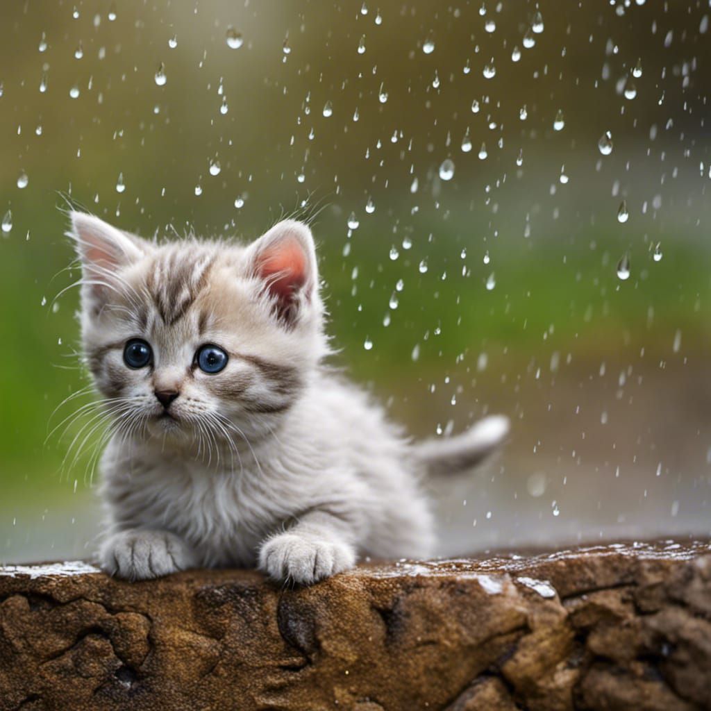 Cute sad kitten in the rain,