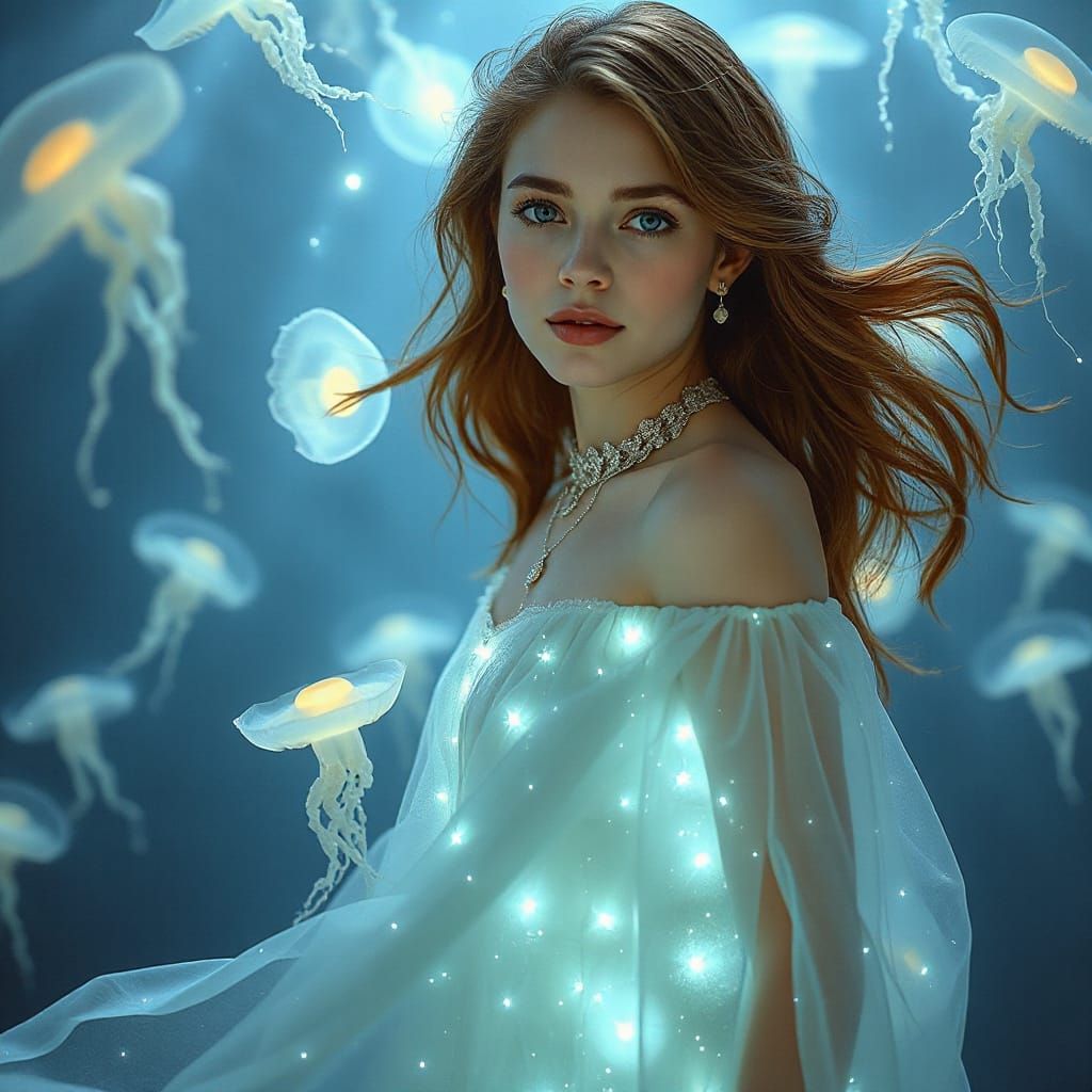 Ethereal Woman in Starlight Gown with Bioluminescent Jellyfi...