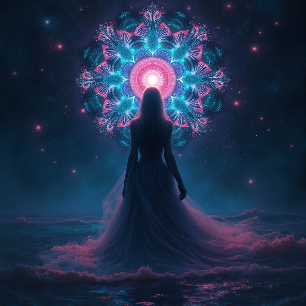 Mystical Woman with Glowing Eye in Neon Light