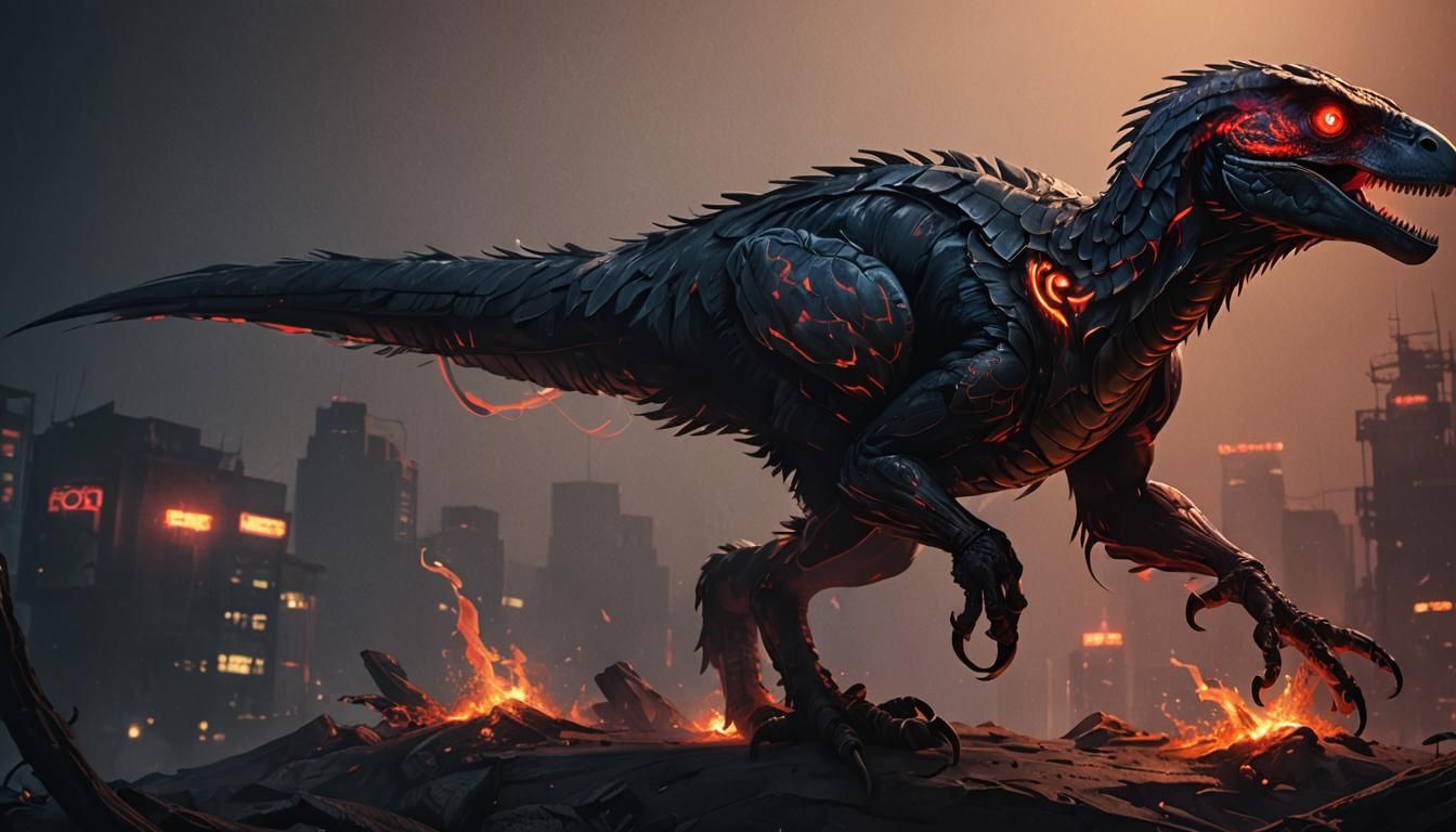 Raptor with Red Eyes and Tattoo in Neon Digital Art