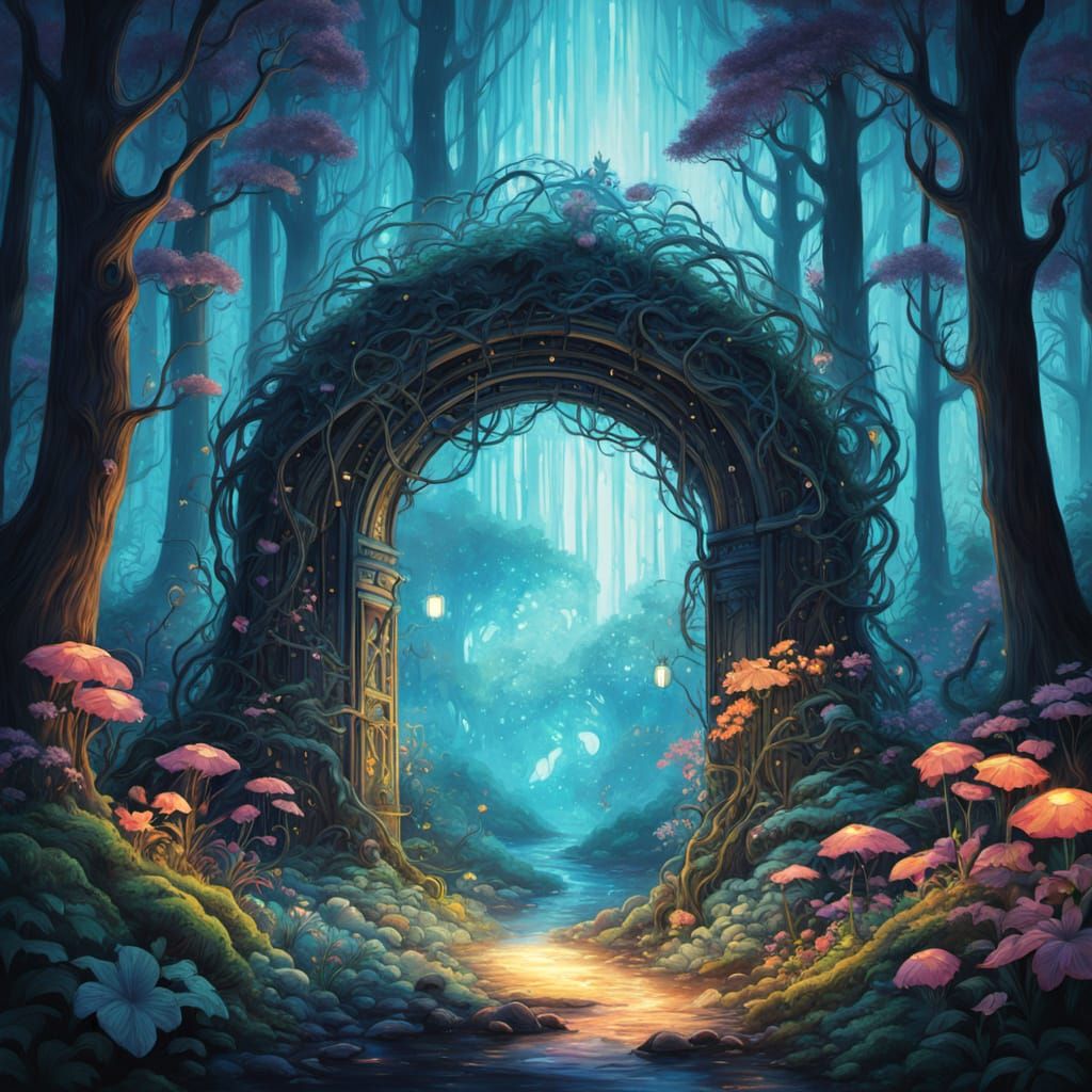 Starlight Portal in Enchanted Forest, Fantasy Illustration