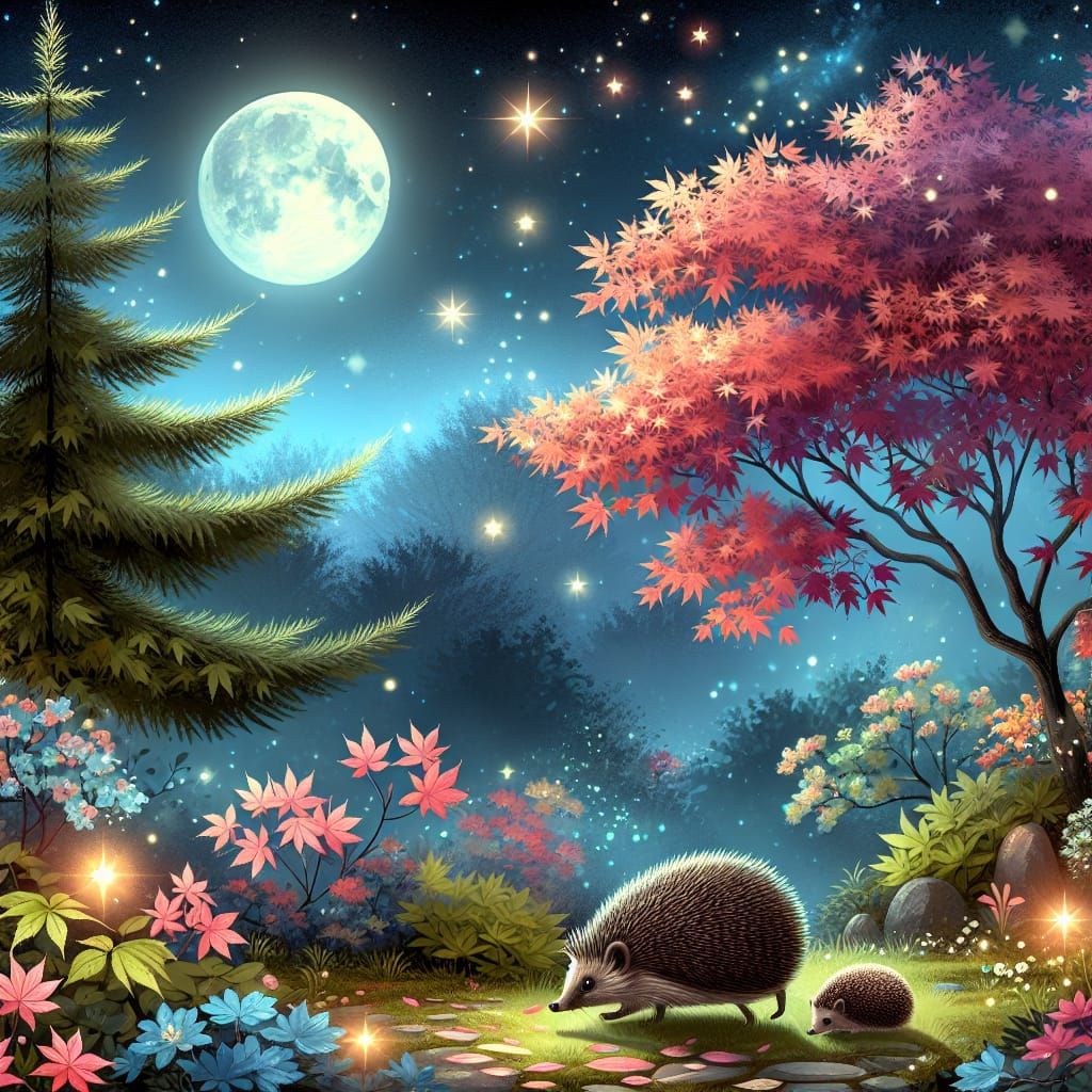 Hedgehog's Moonlit Garden Adventure on Autumn Night