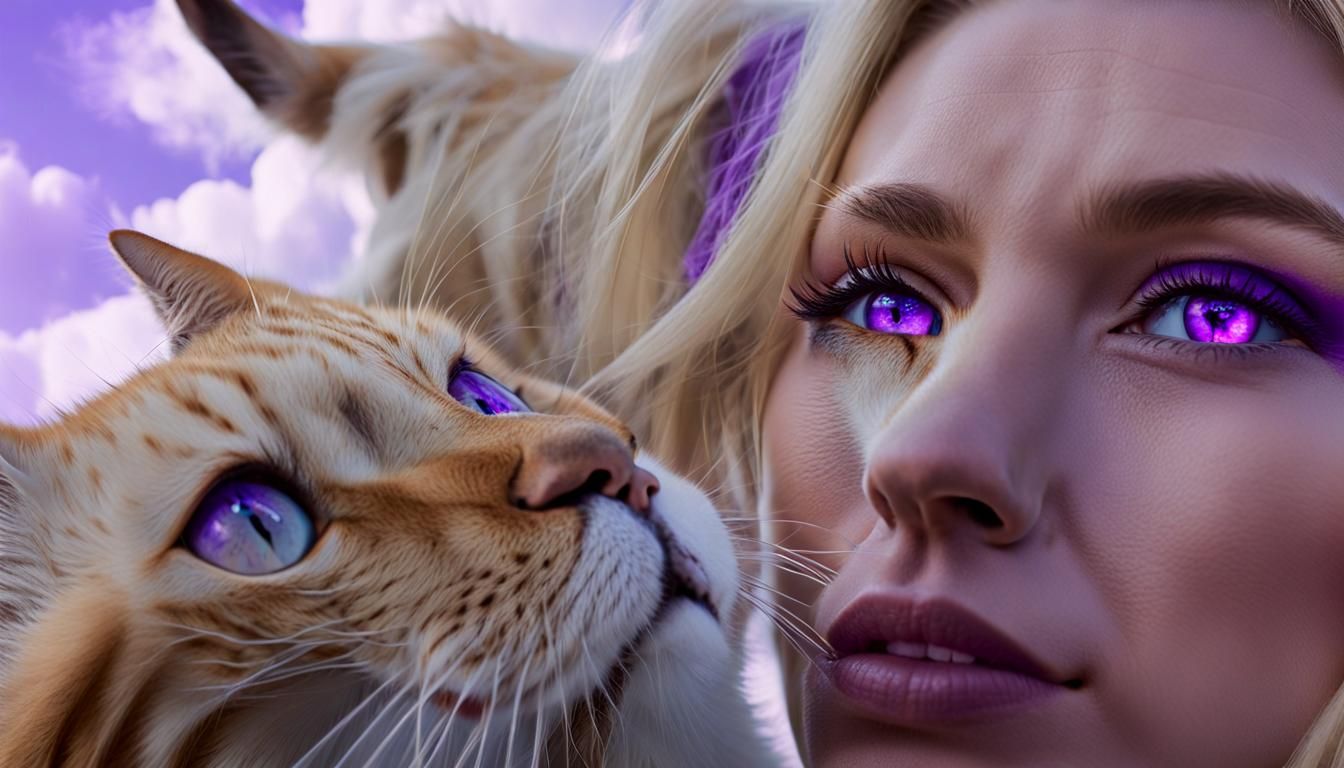 Surreal Portrait: Woman and Cat Merge in Purple Clouds