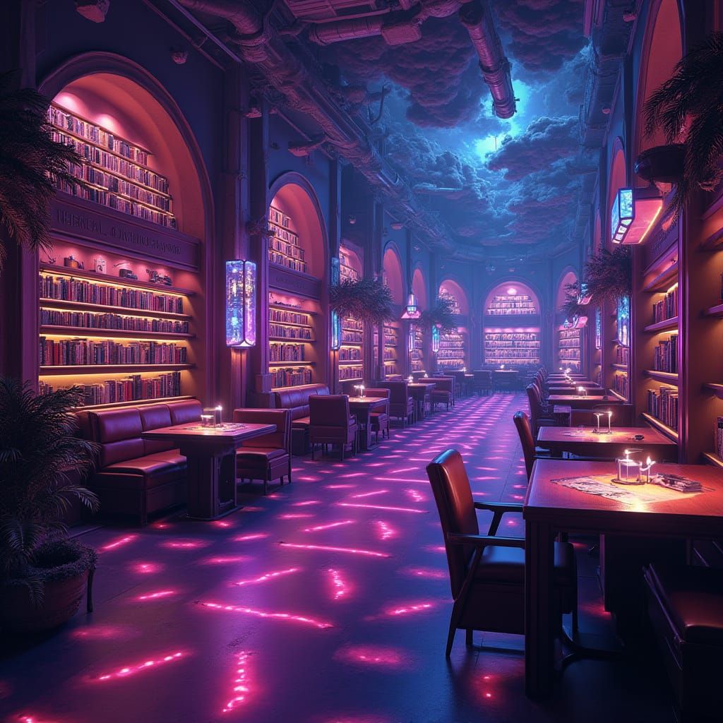 Glowing Infinity Library in Neon Futurism