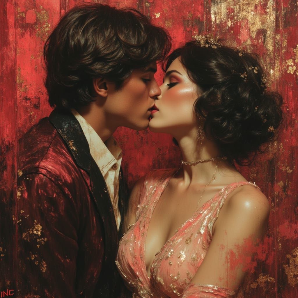 Seductive 80s Pulp Oil Painting of a Kiss