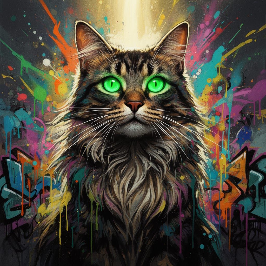 Majestic Cat With Glowing Emerald Eyes in Graffiti Art Style