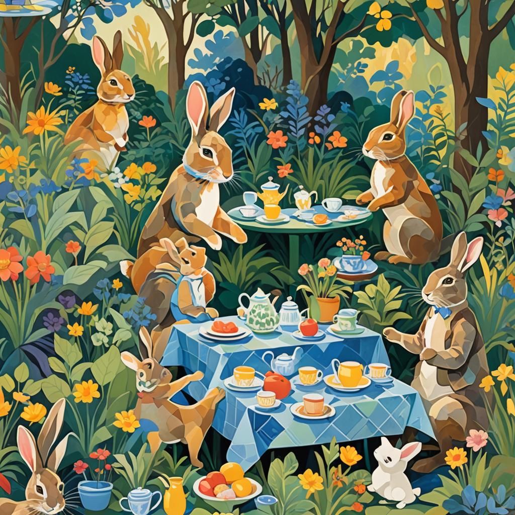 Rabbits' Tea Party in Garden, Fauvist Art Deco Style