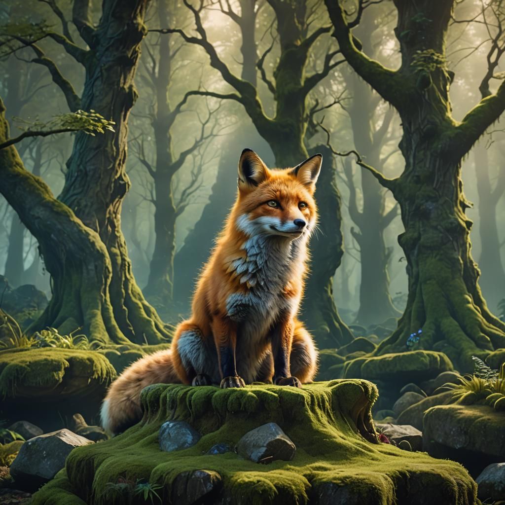 Blue Fox in Mystical Forest, Digital Matte Painting
